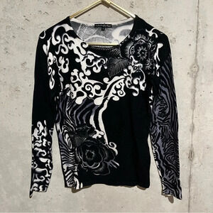 Pierri New York Womens Black White Floral Beaded Long Sleeve Sweater Size S